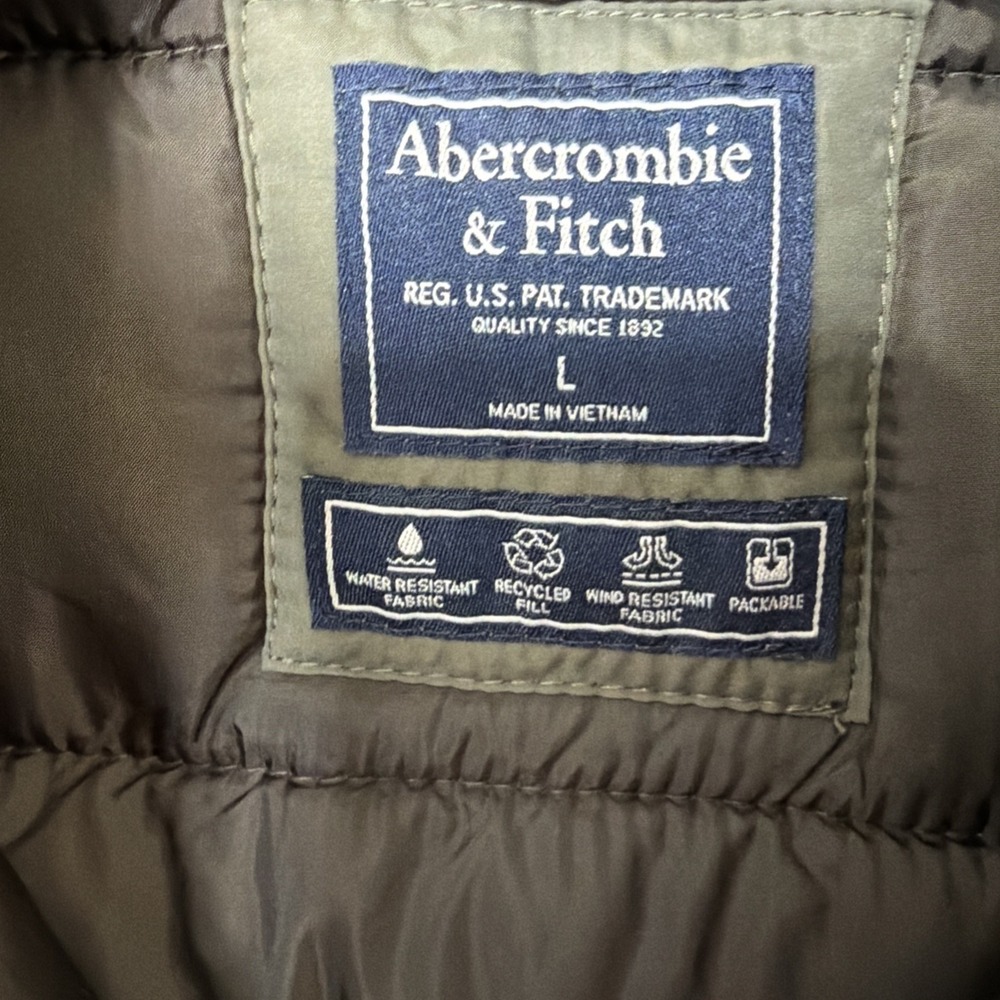 Abercrombie & Fitch Mens L Puffer Jacket Olive Green Faux Fur Collar Packable - Picture 3 of 11